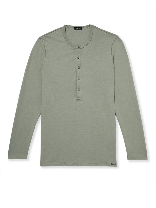 Photo: TOM FORD - Stretch-Cotton Jersey Henley Pyjama T-Shirt - Green