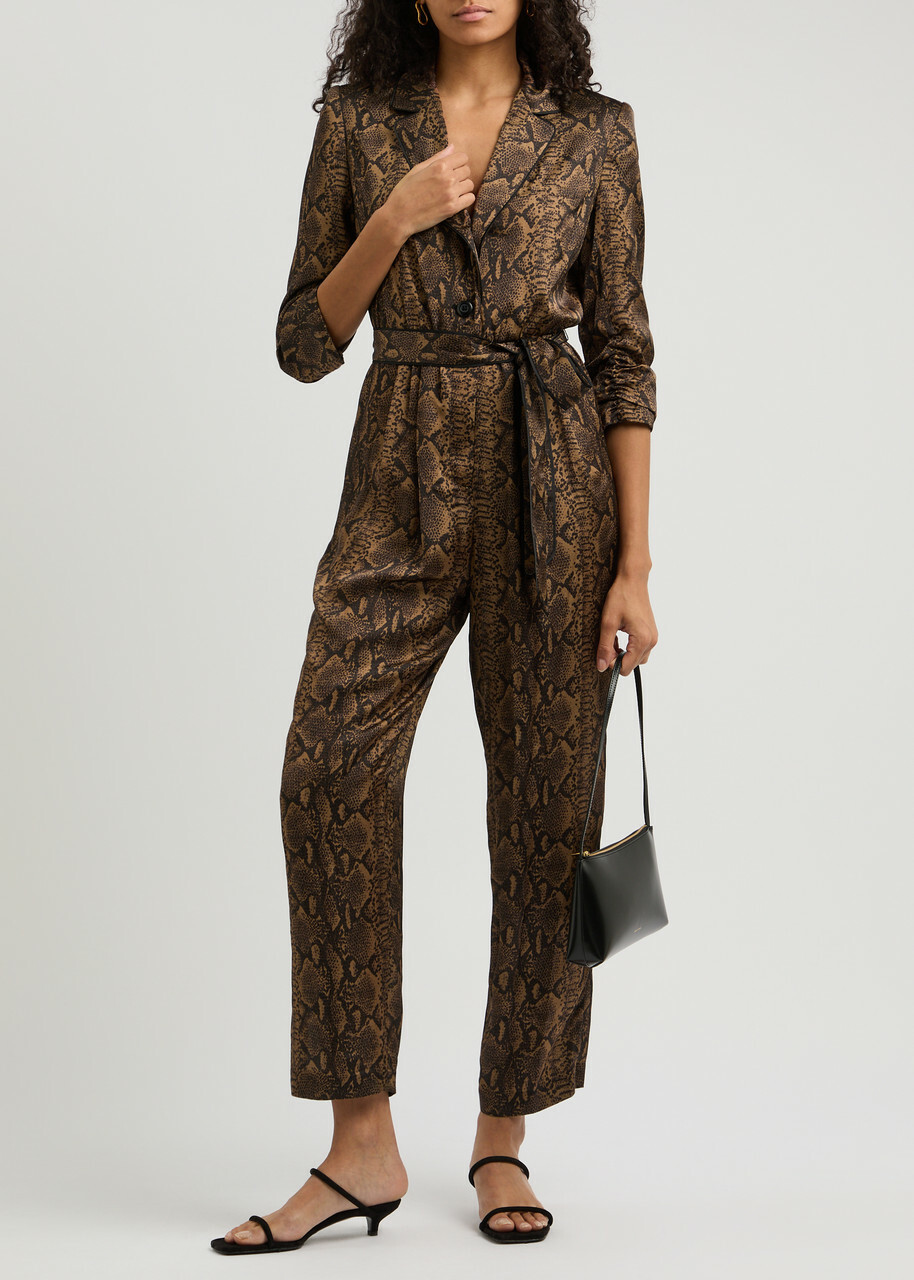 Alice + Olivia Louetta Python-print Satin Jumpsuit Brown