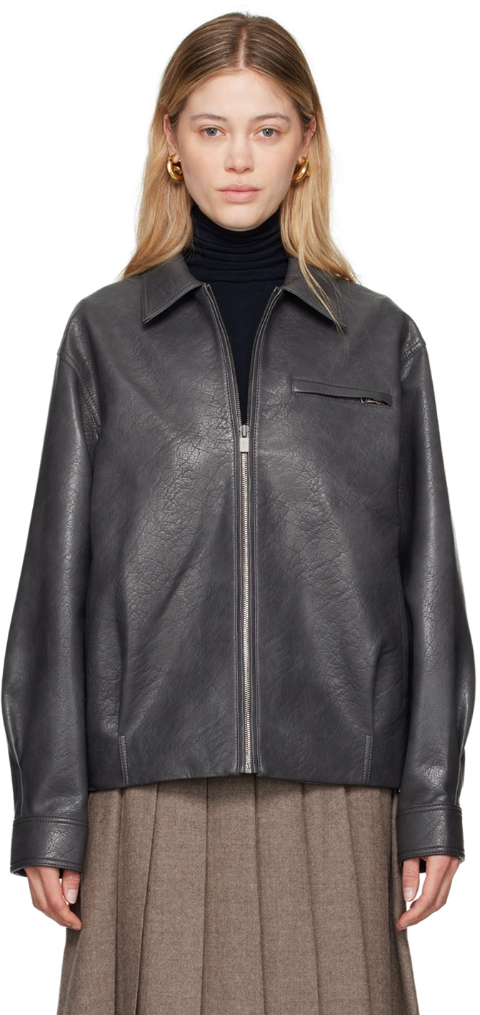 LE17SEPTEMBRE Gray Spread Collar Faux-Leather Jacket