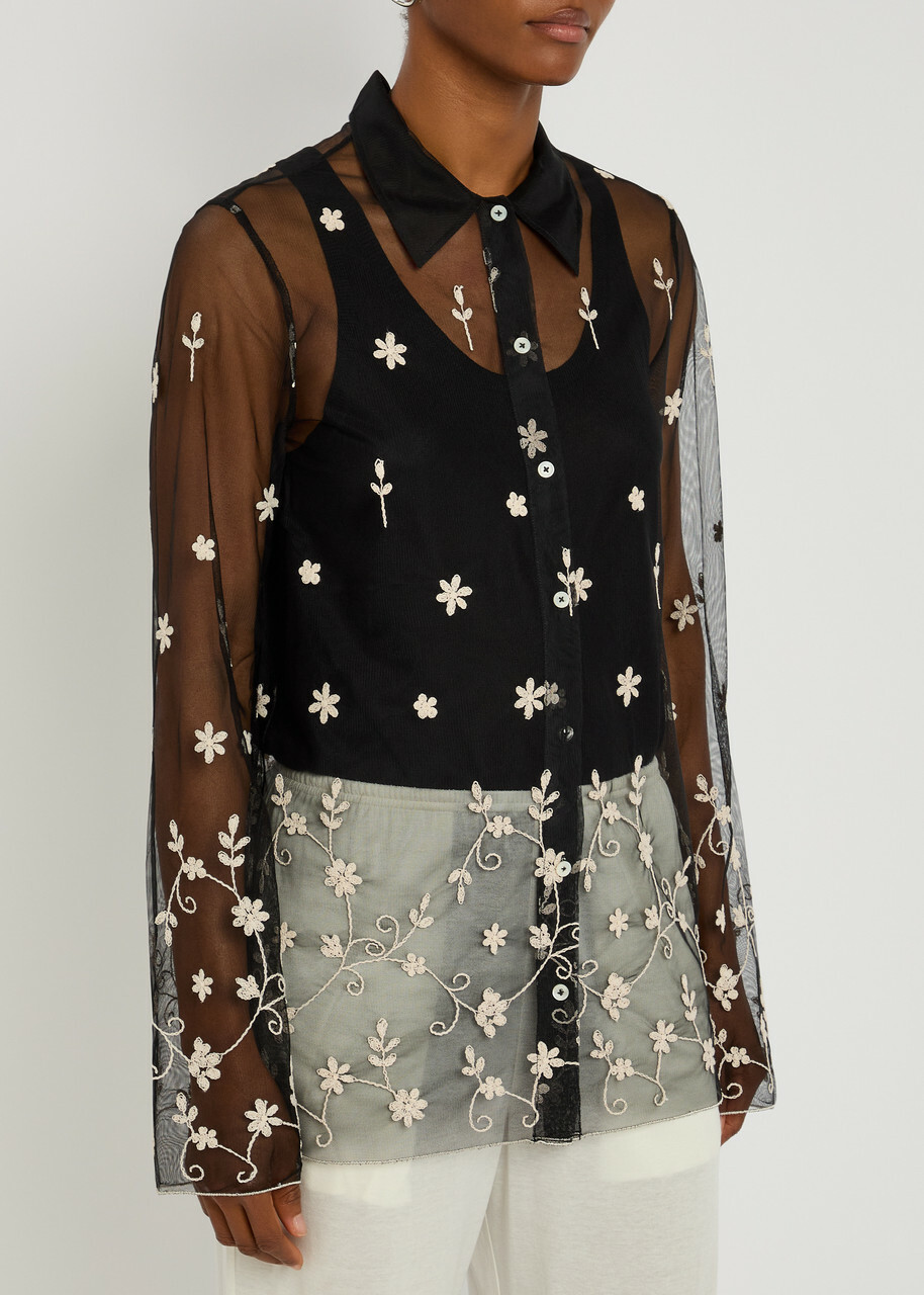 Toteme Floral-embroidered Sheer Tulle Shirt Black And White