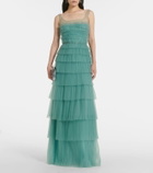 Costarellos Kali embellished tulle-trimmed plissé gown