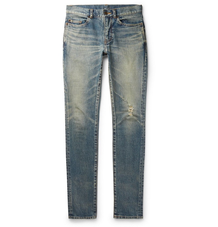 Photo: Saint Laurent - Skinny-Fit 15cm Hem Distressed Stretch-Denim Jeans - Men - Blue