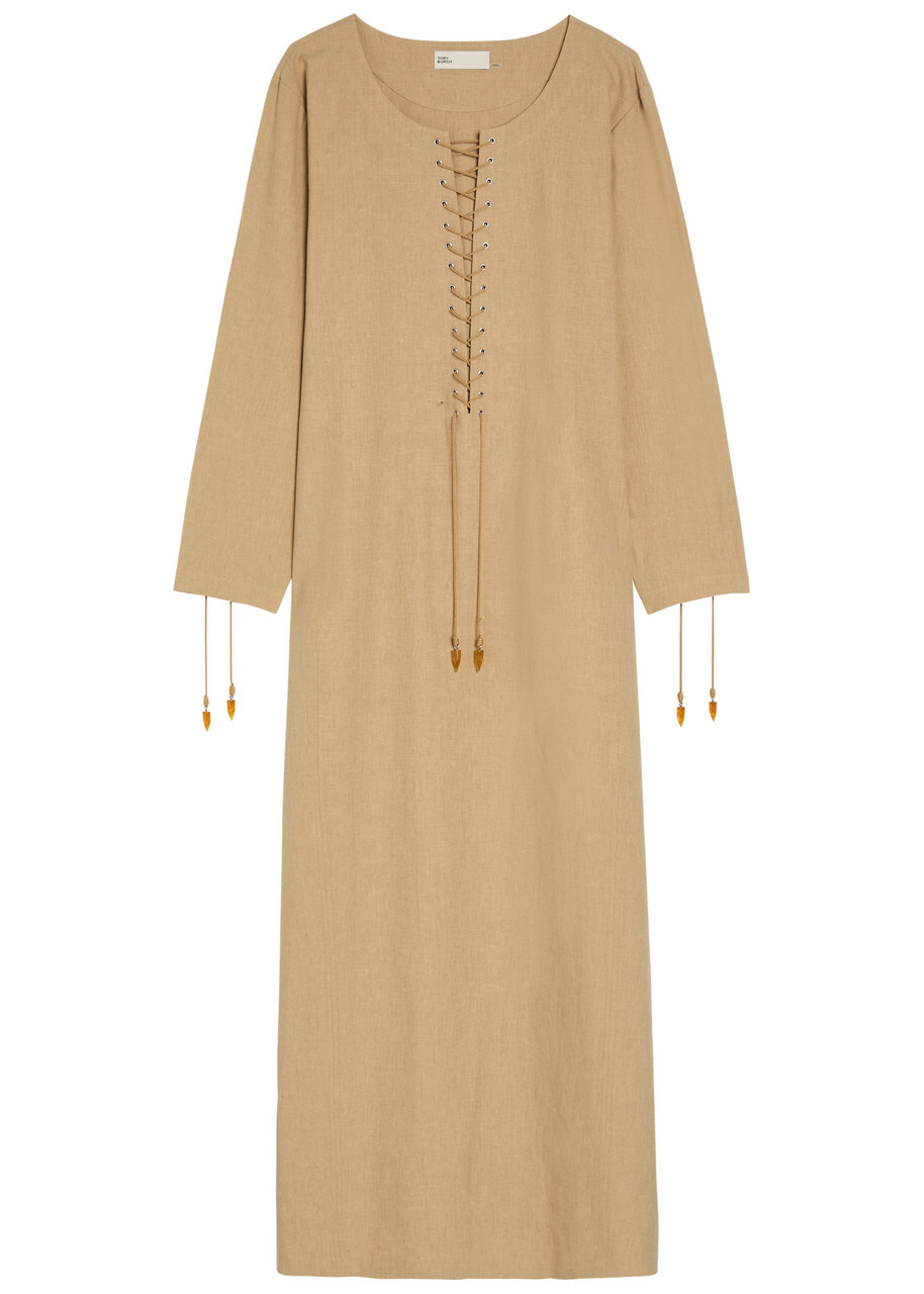 Tory Burch Lace-up Linen-blend Maxi Tunic Dress Sand
