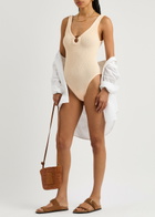 Hunza G - Celine Cut-Out Seersucker Swimsuit, Nude, One Size, V-Neck, Cut-Out Ring Detail, Machine Wash, Hunza G Swimsuits