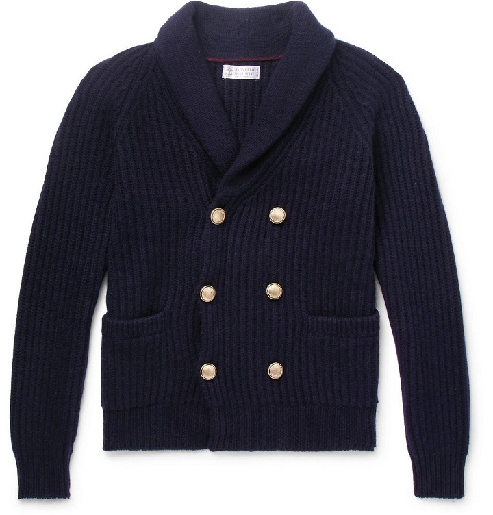 Photo: Brunello Cucinelli - Shawl-Collar Double-Breasted Ribbed Cashmere Cardigan - Men - Navy