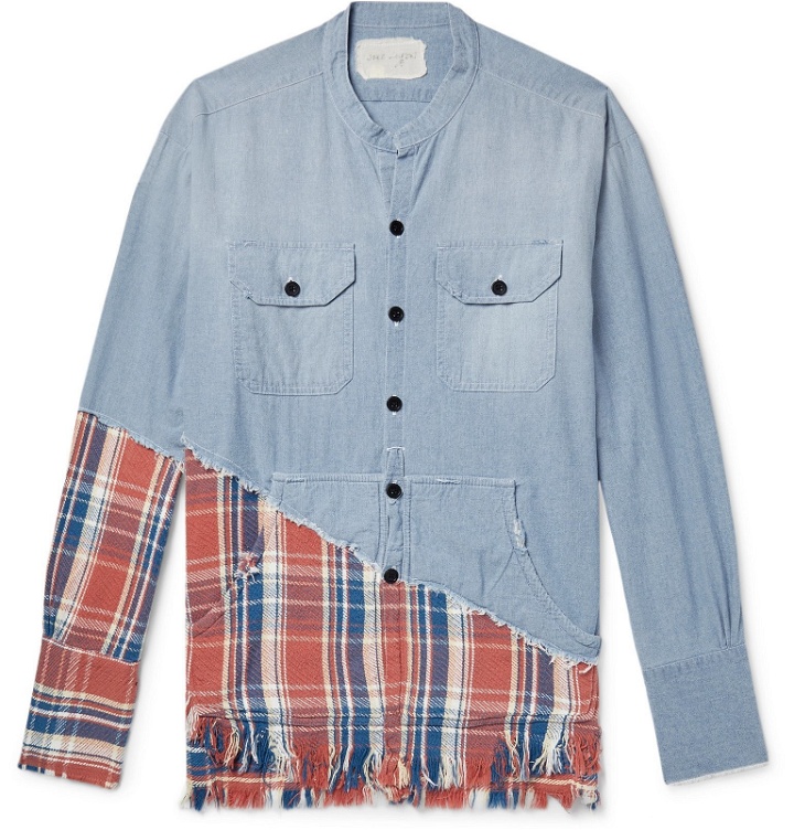 Photo: Greg Lauren - Grandad-Collar Panelled Cotton-Chambray and Checked Canvas Shirt - Blue