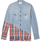 Greg Lauren - Grandad-Collar Panelled Cotton-Chambray and Checked Canvas Shirt - Blue