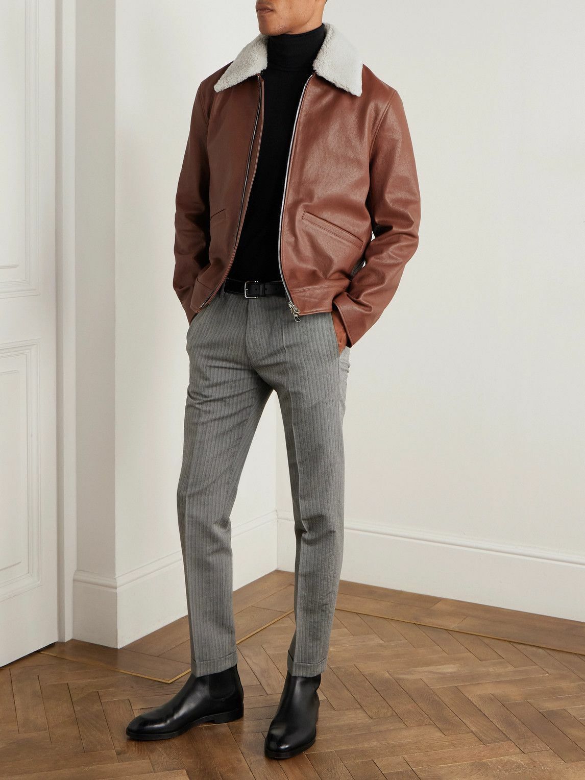 Paul Smith - Shearling-Trimmed Leather Jacket - Brown Paul Smith