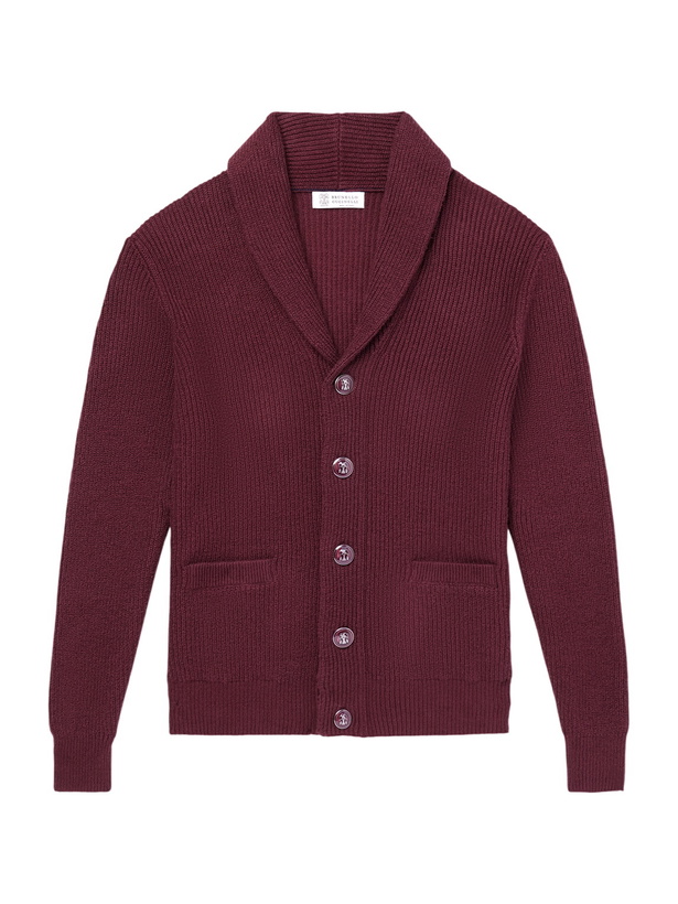 Photo: Brunello Cucinelli - Shawl-Collar Ribbed Cotton Cardigan - Burgundy