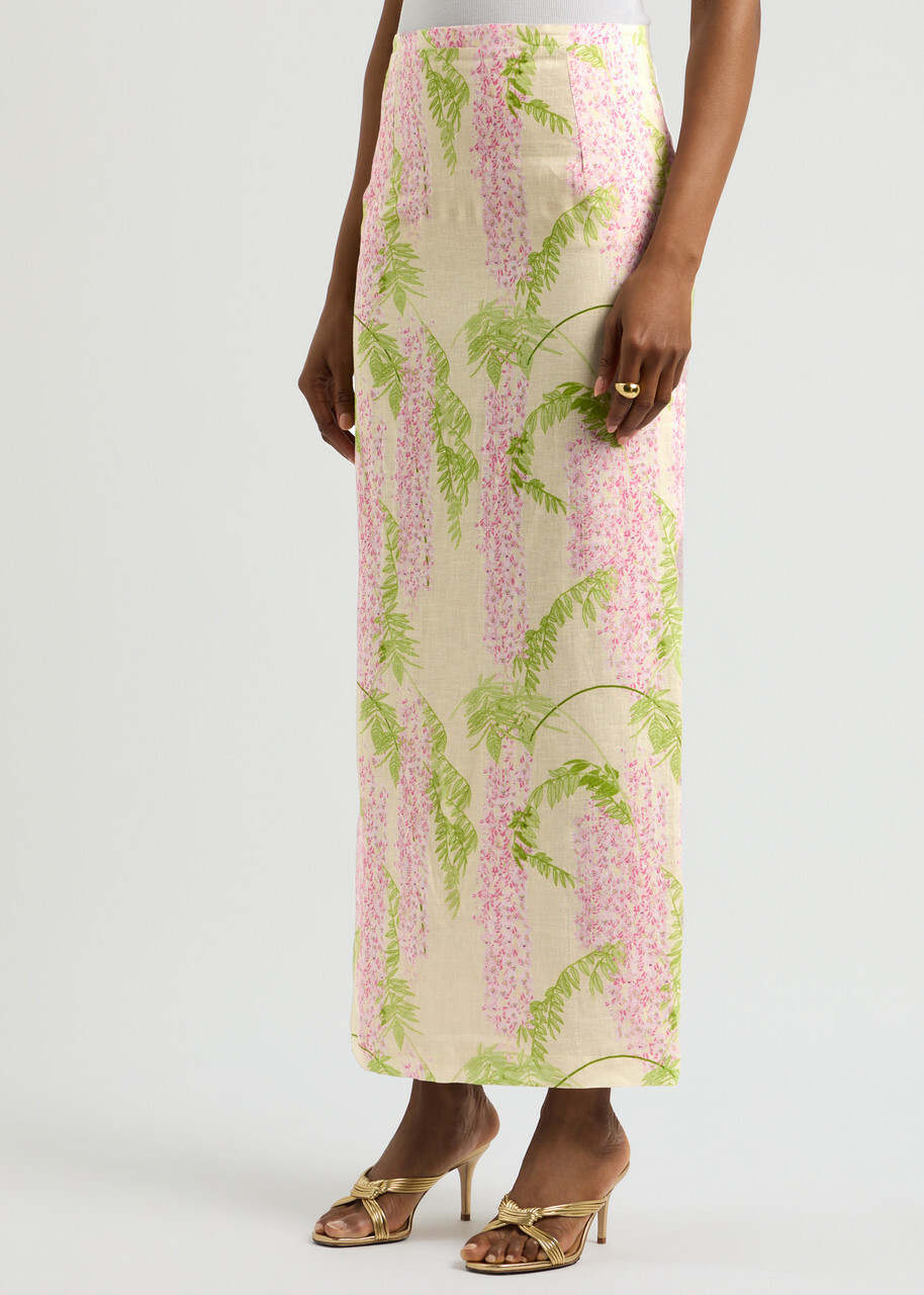 Bernadette Norma Floral-print Linen Maxi Skirt Beige