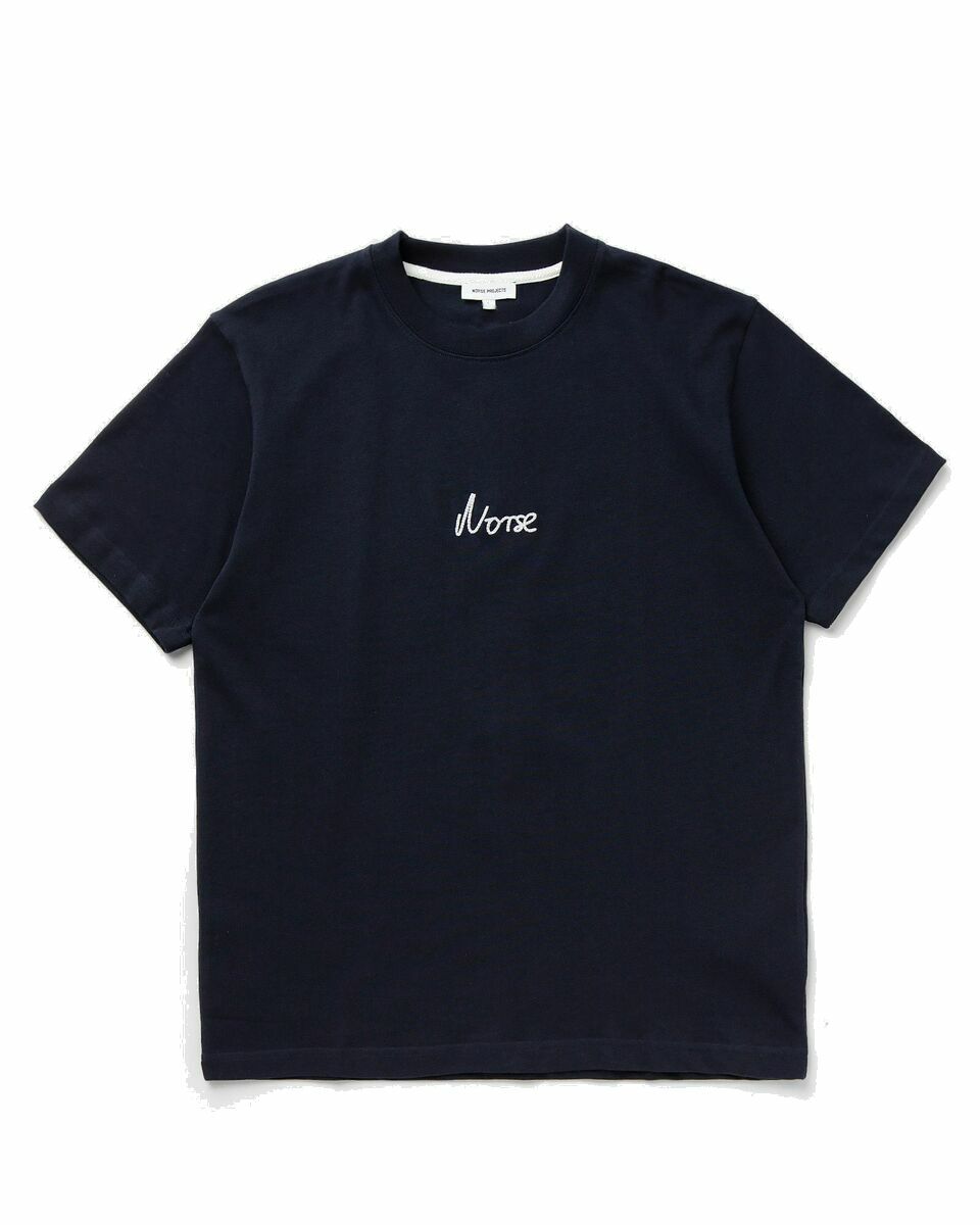 Photo: Norse Projects Johannes Organic Chain Stitch Logo T Shirt Blue - Mens - Shortsleeves