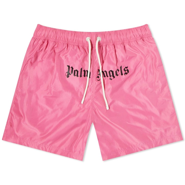 Photo: Palm Angels Men's Logo Swim Shorts in Fuschia