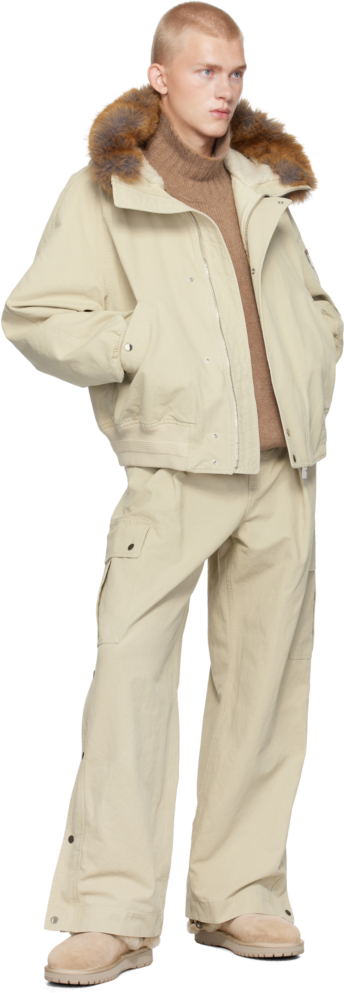 Burberry Beige Faux-Fur Trim Cotton Bomber Jacket Burberry Burberry Beige Faux-Fur Trim Cotton Bomber Jacket Burberry