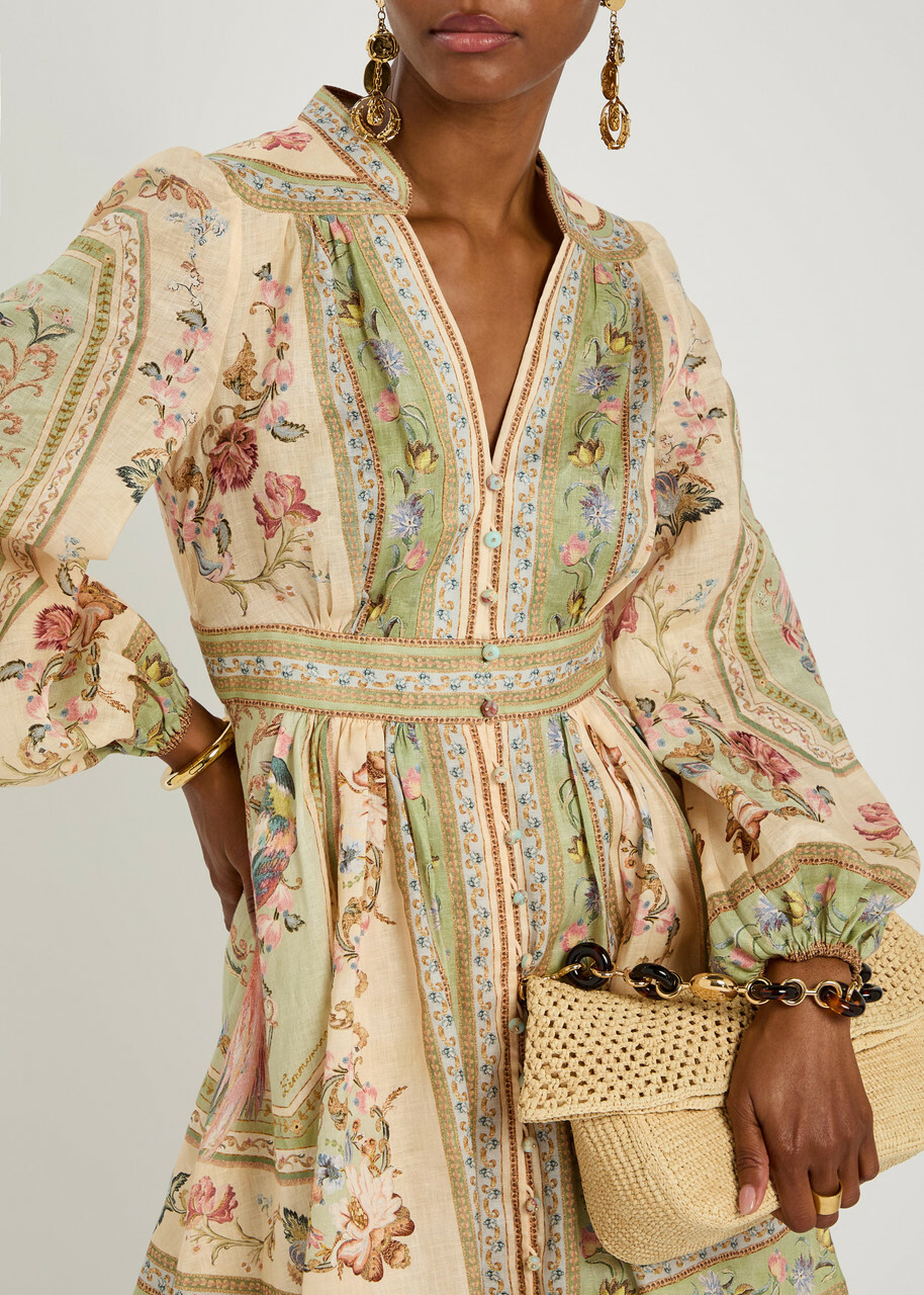 Zimmermann Roselight Printed Linen Mini Dress Sage