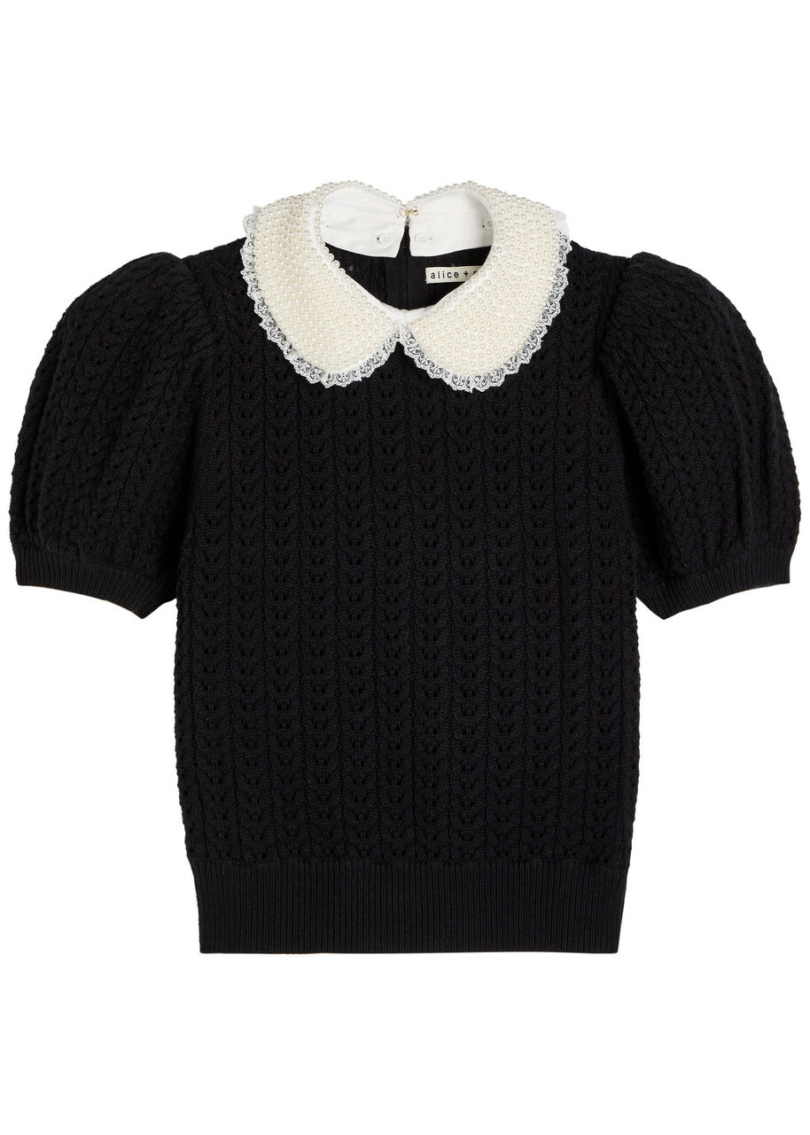 Alice + Olivia Chase Puff Faux Pearl-embellished Cotton-blend top Black