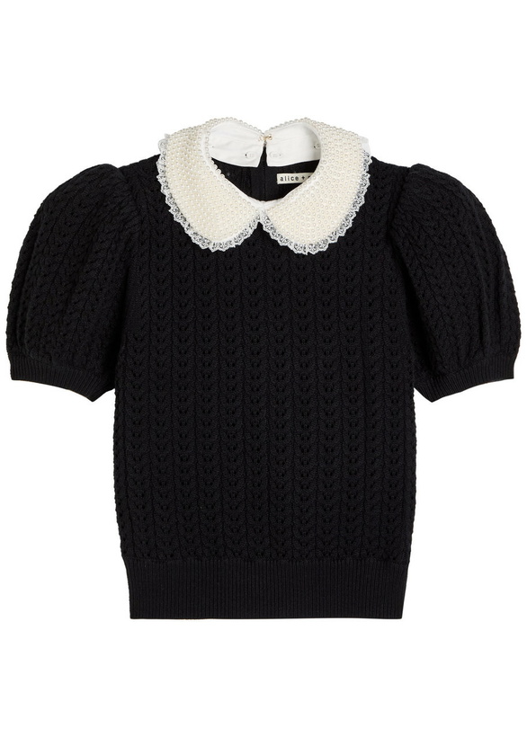 Photo: Alice + Olivia Chase Puff Faux Pearl-embellished Cotton-blend top Black