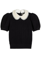 Alice + Olivia Chase Puff Faux Pearl-embellished Cotton-blend top Black