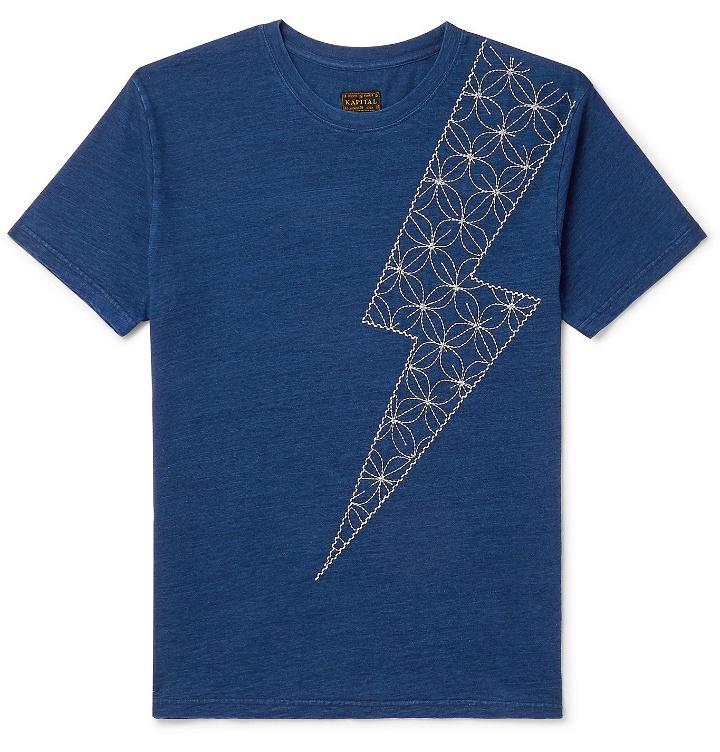 Photo: KAPITAL - Embroidered Indigo-Dyed Cotton-Jersey T-Shirt - Blue