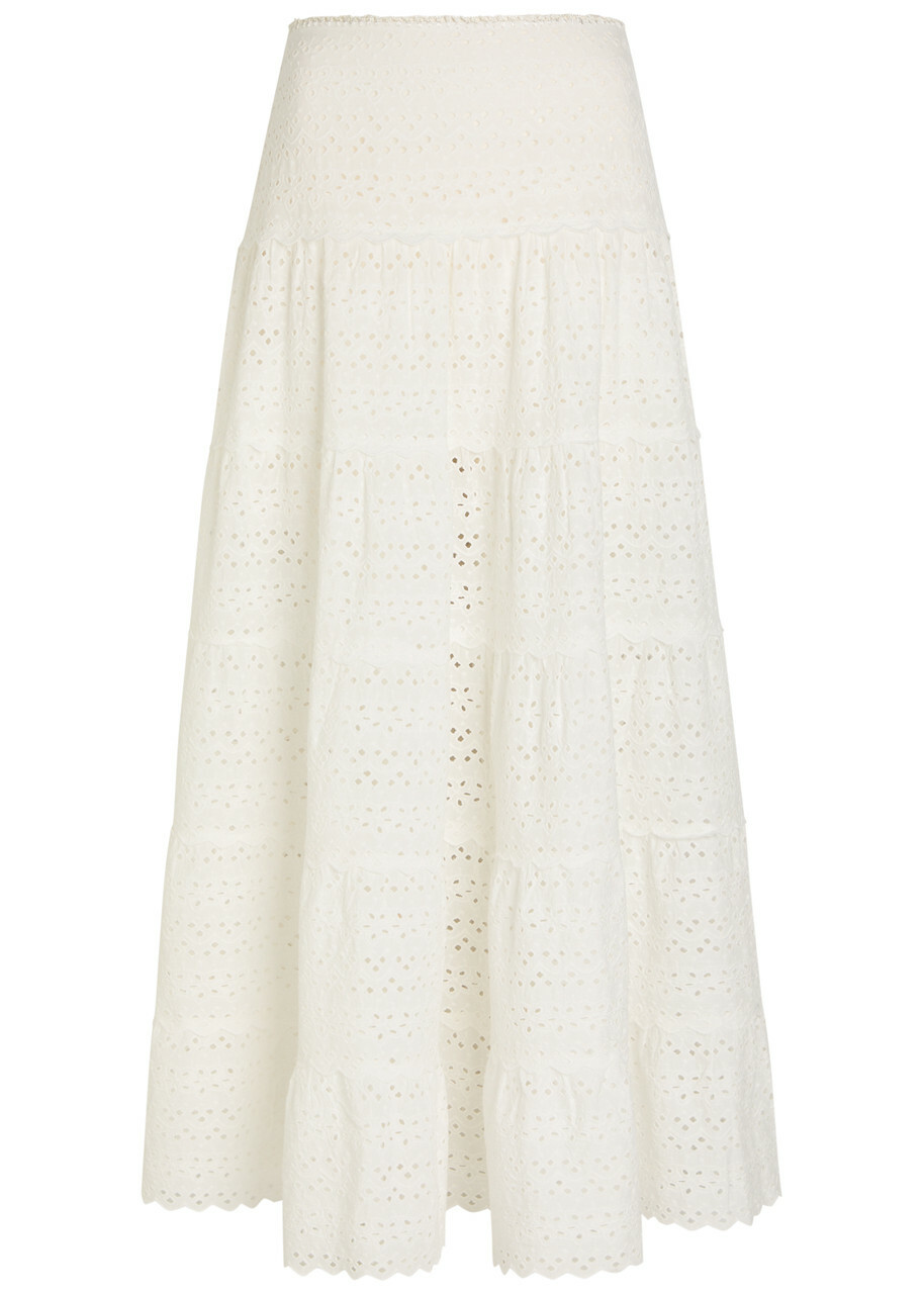 Rixo Ripeka Embroidered Cotton Midi Skirt Ivory