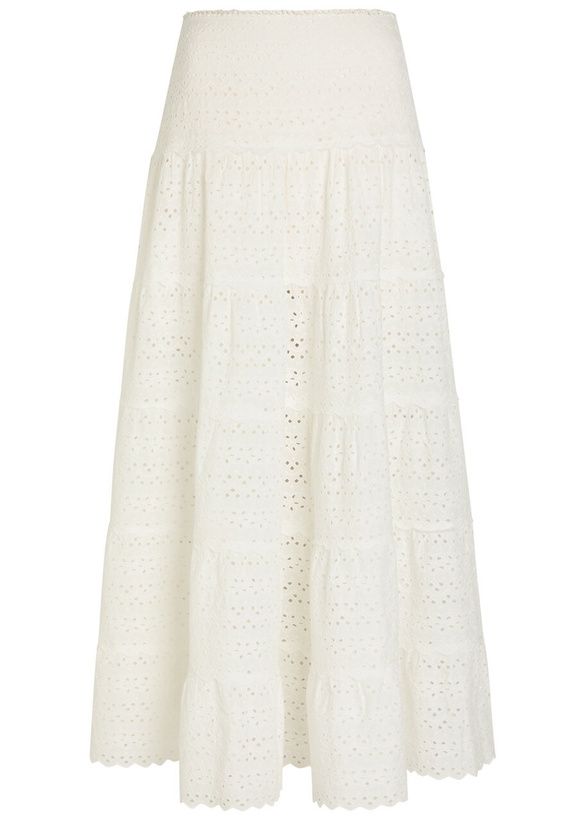 Photo: Rixo Ripeka Embroidered Cotton Midi Skirt Ivory