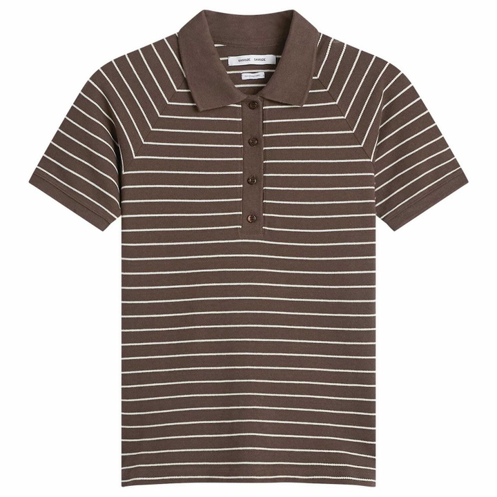 Photo: Samsøe Samsøe Women's Samia Short Sleeve Polo Top in Coffee Brown Stripe