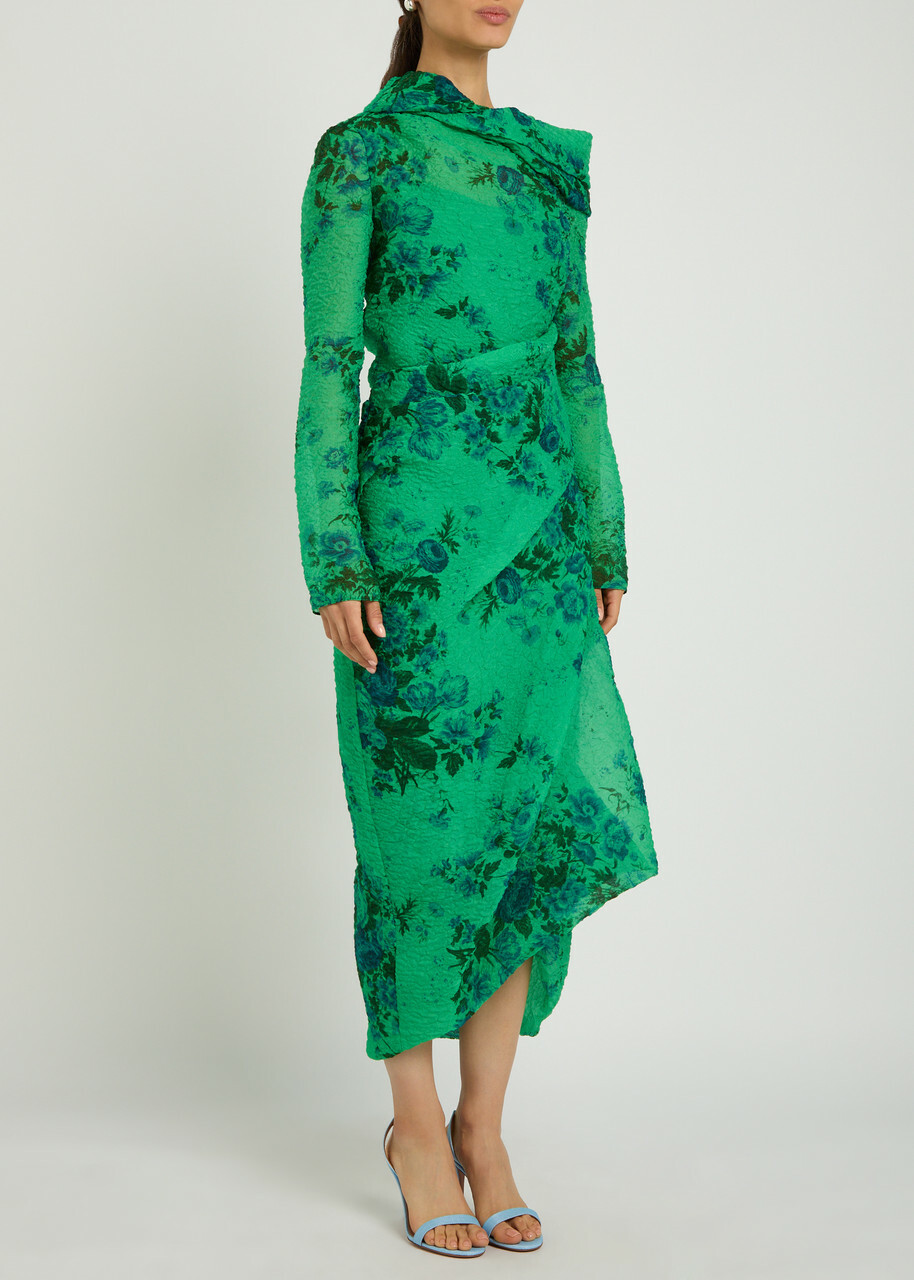 Erdem Floral Draped Cloqué Midi Dress Green