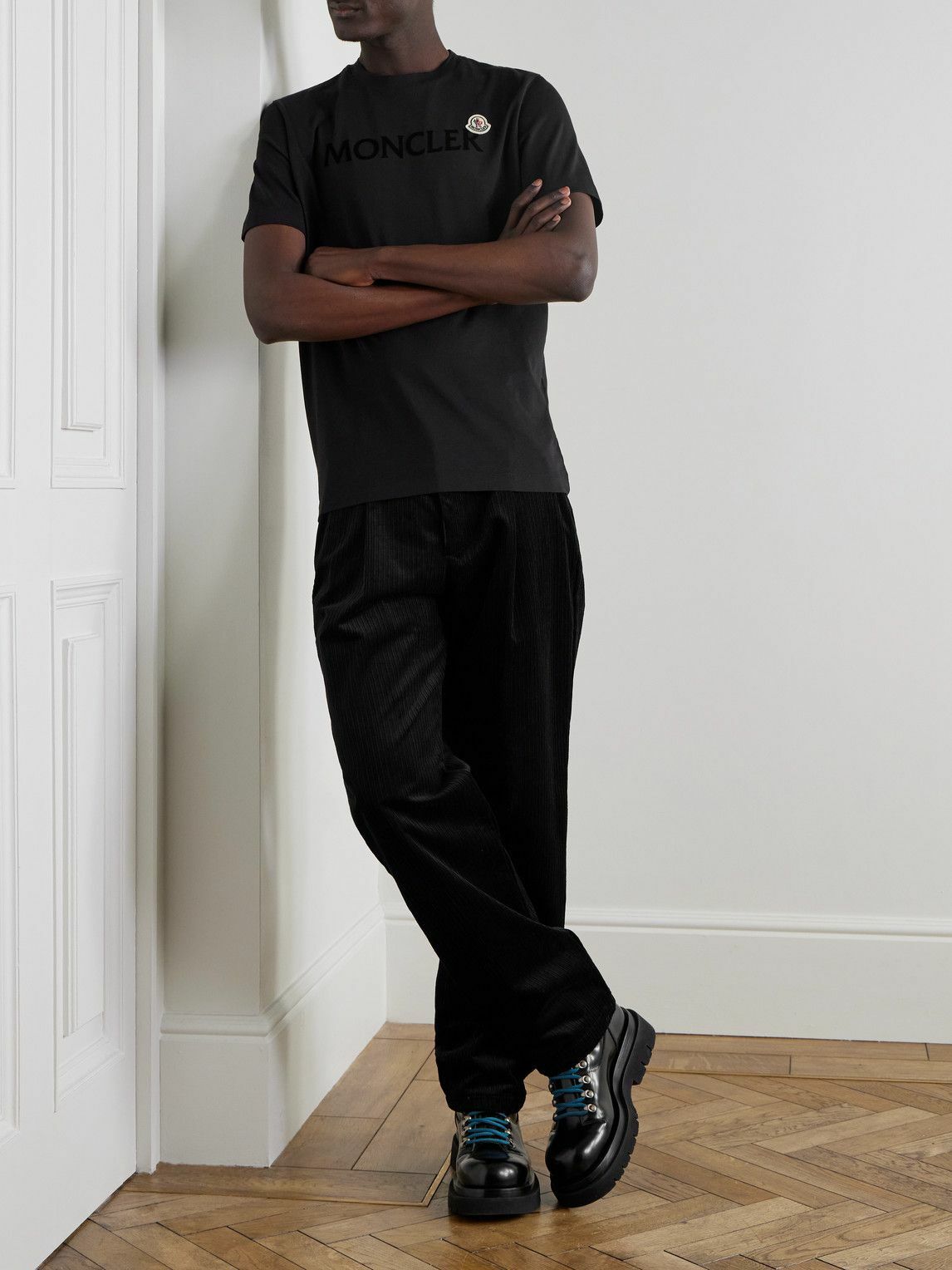 Moncler - Logo-Flocked Appliquéd Cotton-Jersey T-Shirt - Black