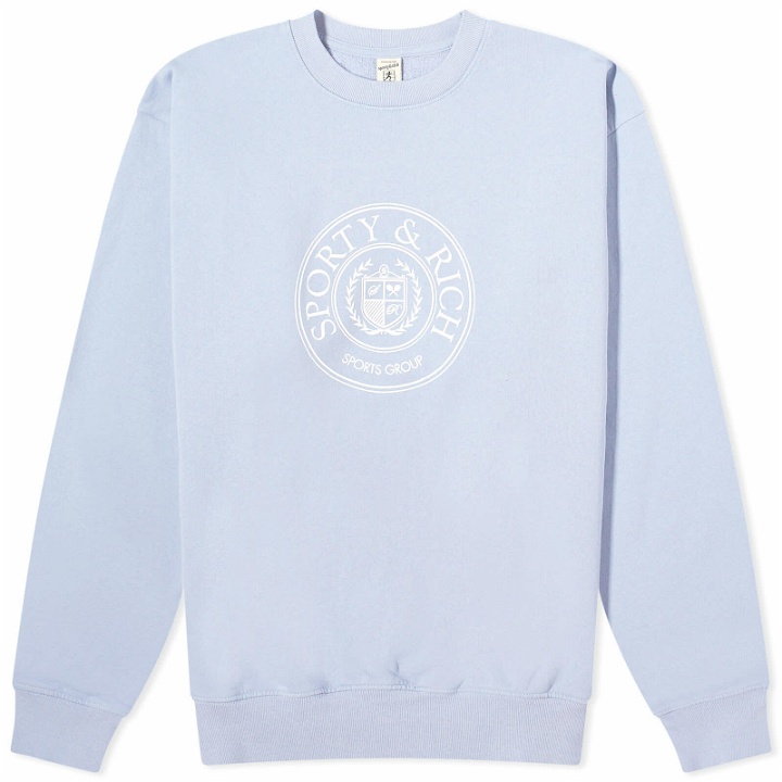 Photo: Sporty & Rich Men's Conneticut Crest Crew Sweat in Washed Periwinkle
