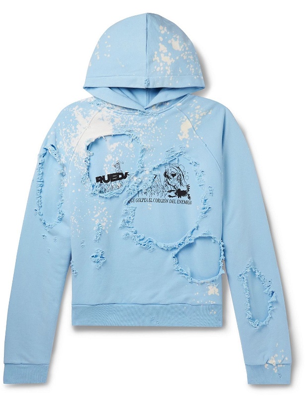 Photo: Liberal Youth Ministry - Distressed Layered Printed Cotton-Jersey Hoodie - Blue