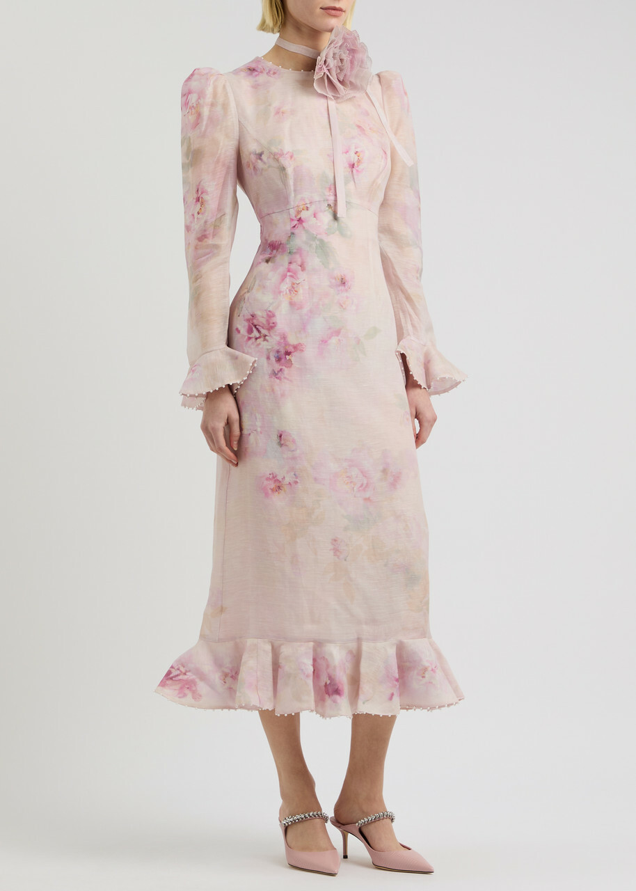 knee length dresses for ladies Zimmermann Crush Asymmetrical Midi Dress Yellow Floral main image 0