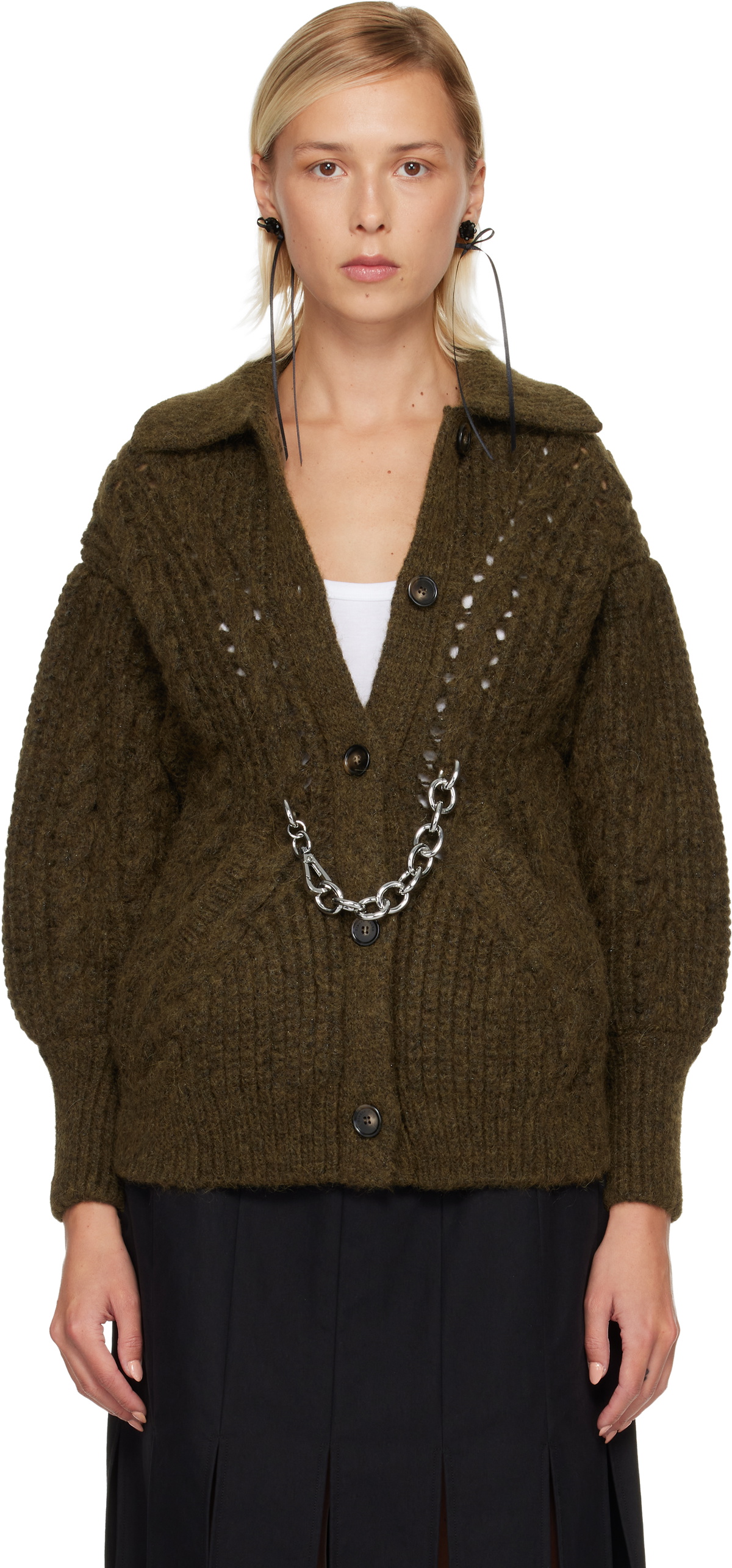 Simone Rocha Khaki Sculpted Chunky Knit Chain Detail Cardigan