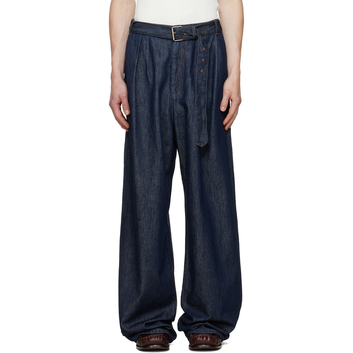Dries Van Noten Navy Belted Pleat Jeans