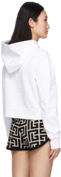 Balmain White Rhinestone Logo Cropped Hoodie