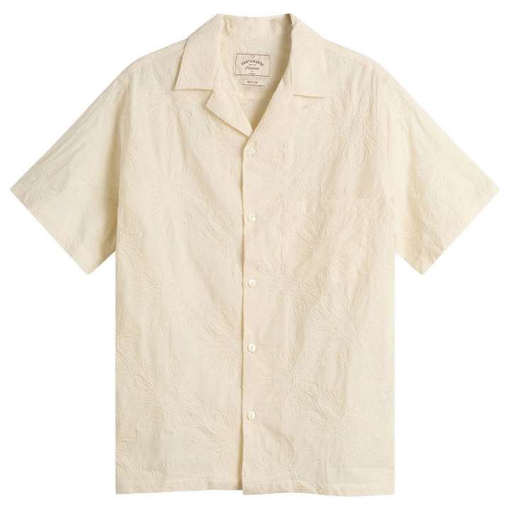 Photo: Portuguese Flannel Men's Duke Embroidered Vacation Shirt in Ecru