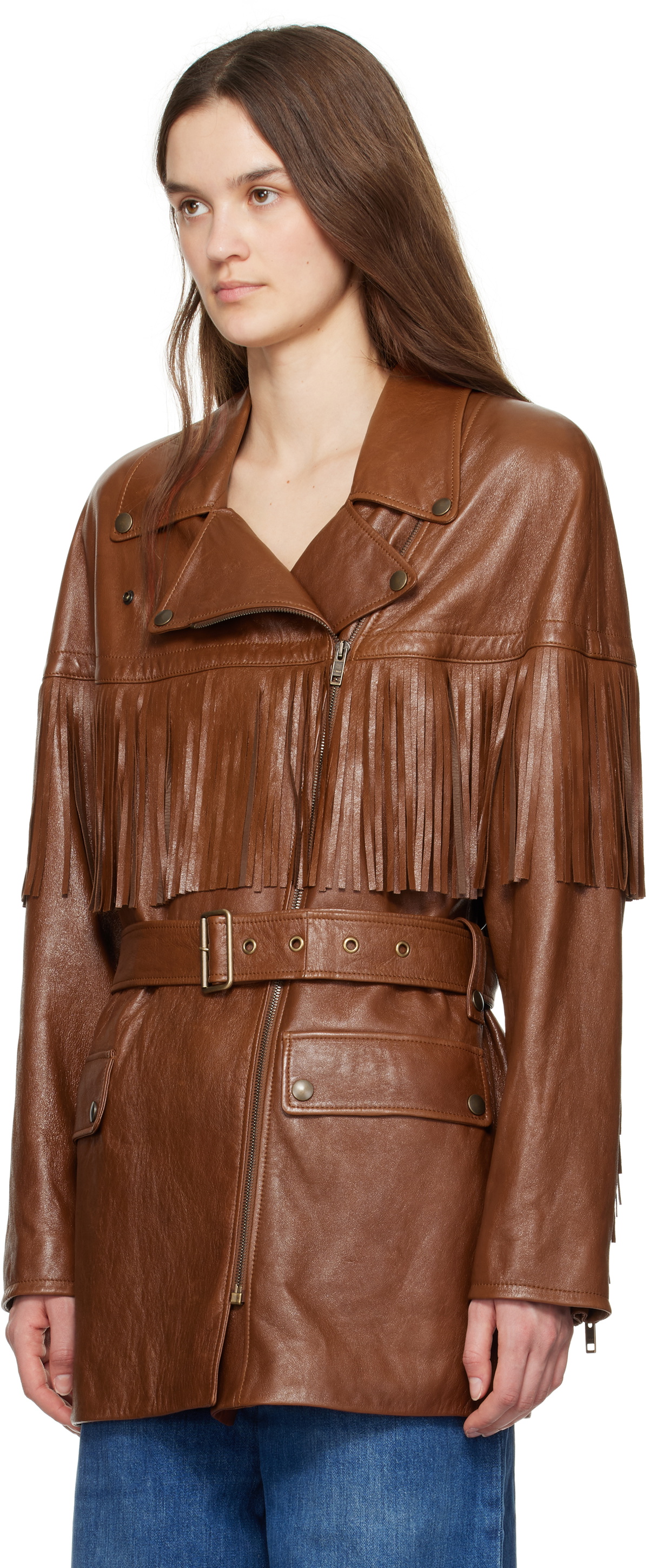 Chloé Brown Belted Fringed Leather Jacket
