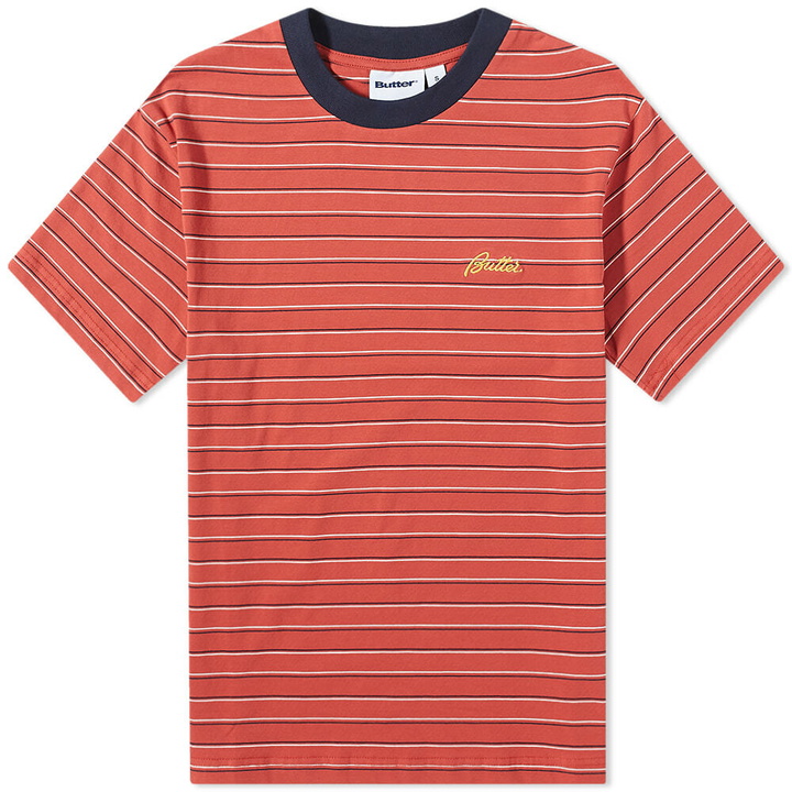 Photo: Butter Goods Men's Cliff Stripe T-Shirt in Rust