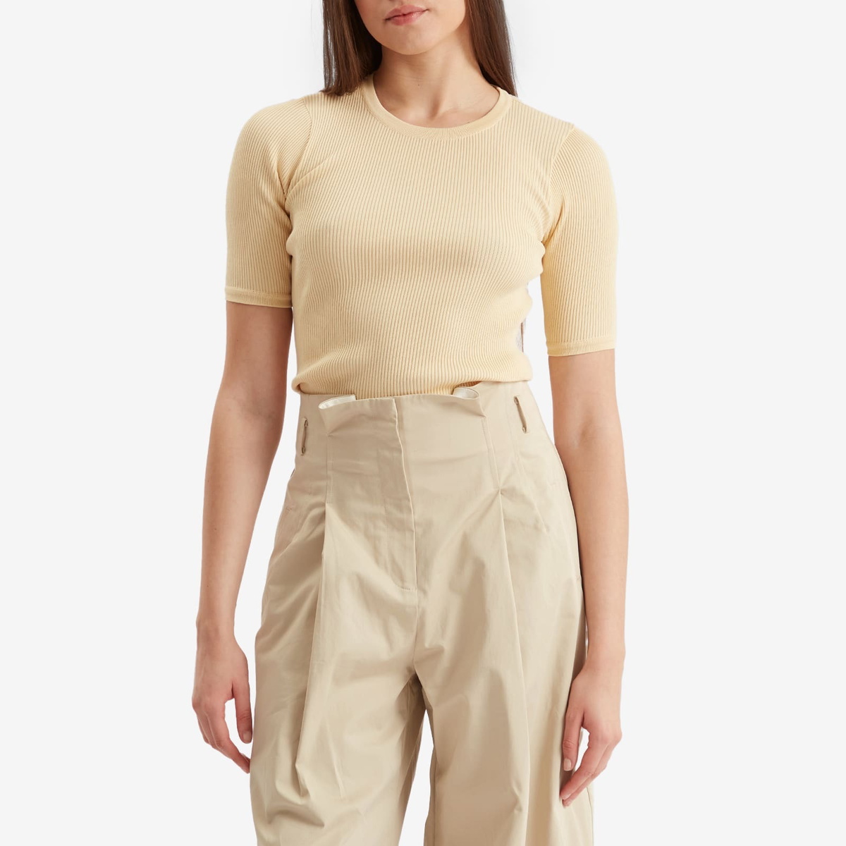Auralee Women's Cotton Rib Knit T-Shirt in Yellow Beige