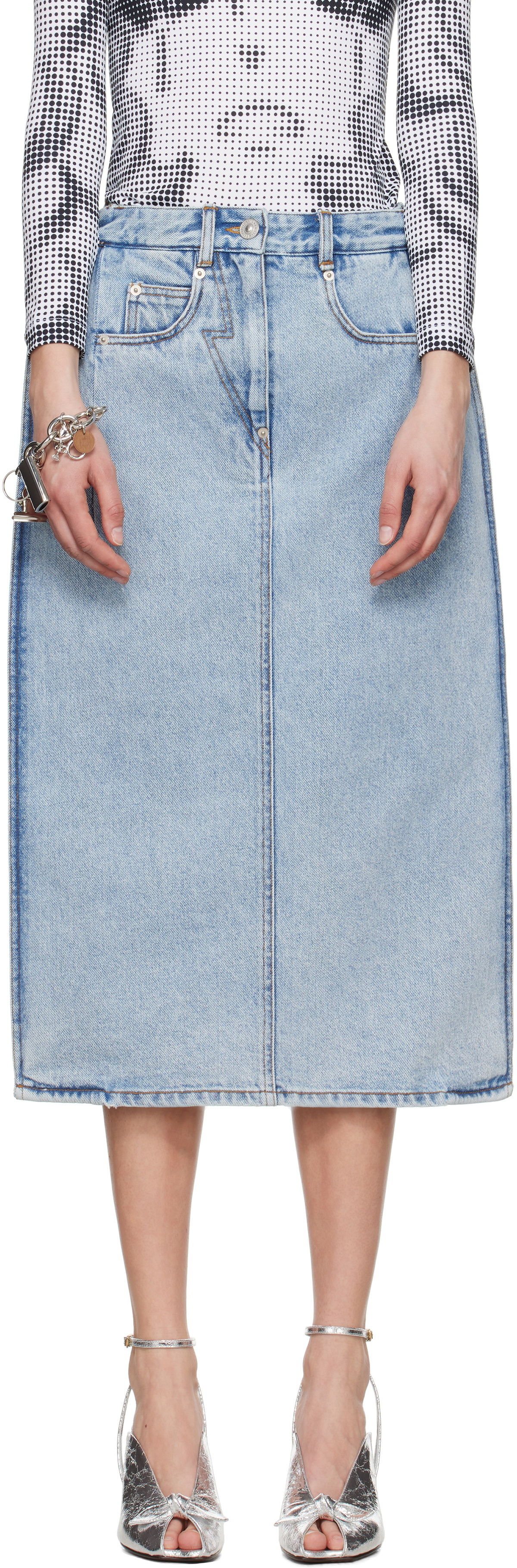 Pushbutton Blue Back Panty Square Denim Midi Skirt