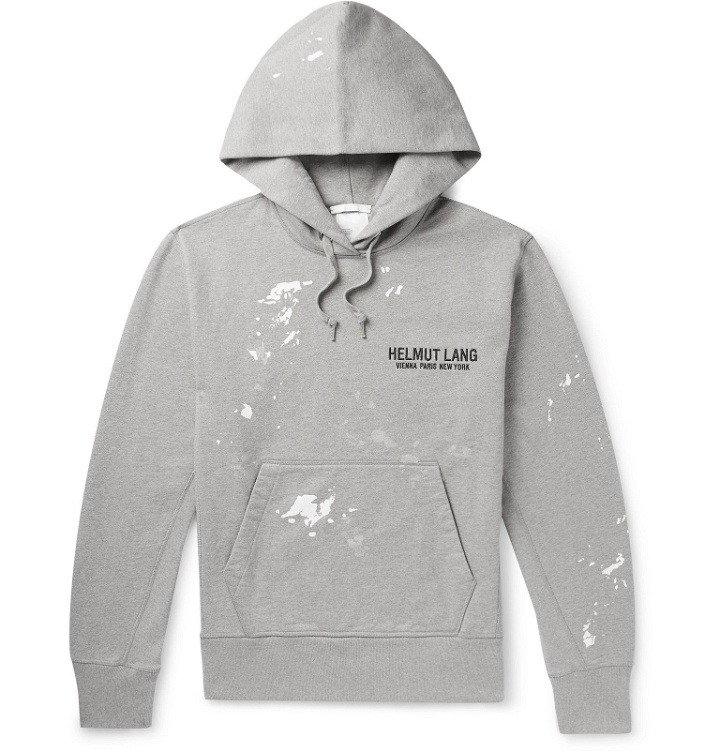 Photo: Helmut Lang - Printed Logo-Embroidered Fleece-Back Mélange Cotton-Jersey Hoodie - Gray