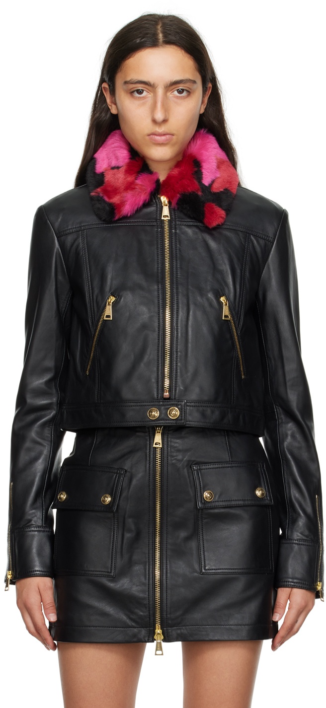 Versace Jeans Couture Black Spread Collar Leather & Faux-Fur Jacket Versace