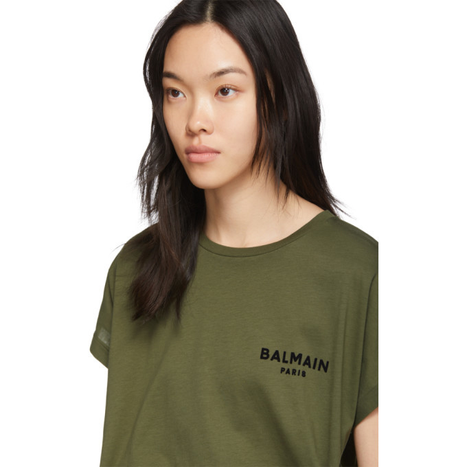 Balmain Khaki Flocked Logo T-Shirt Balmain