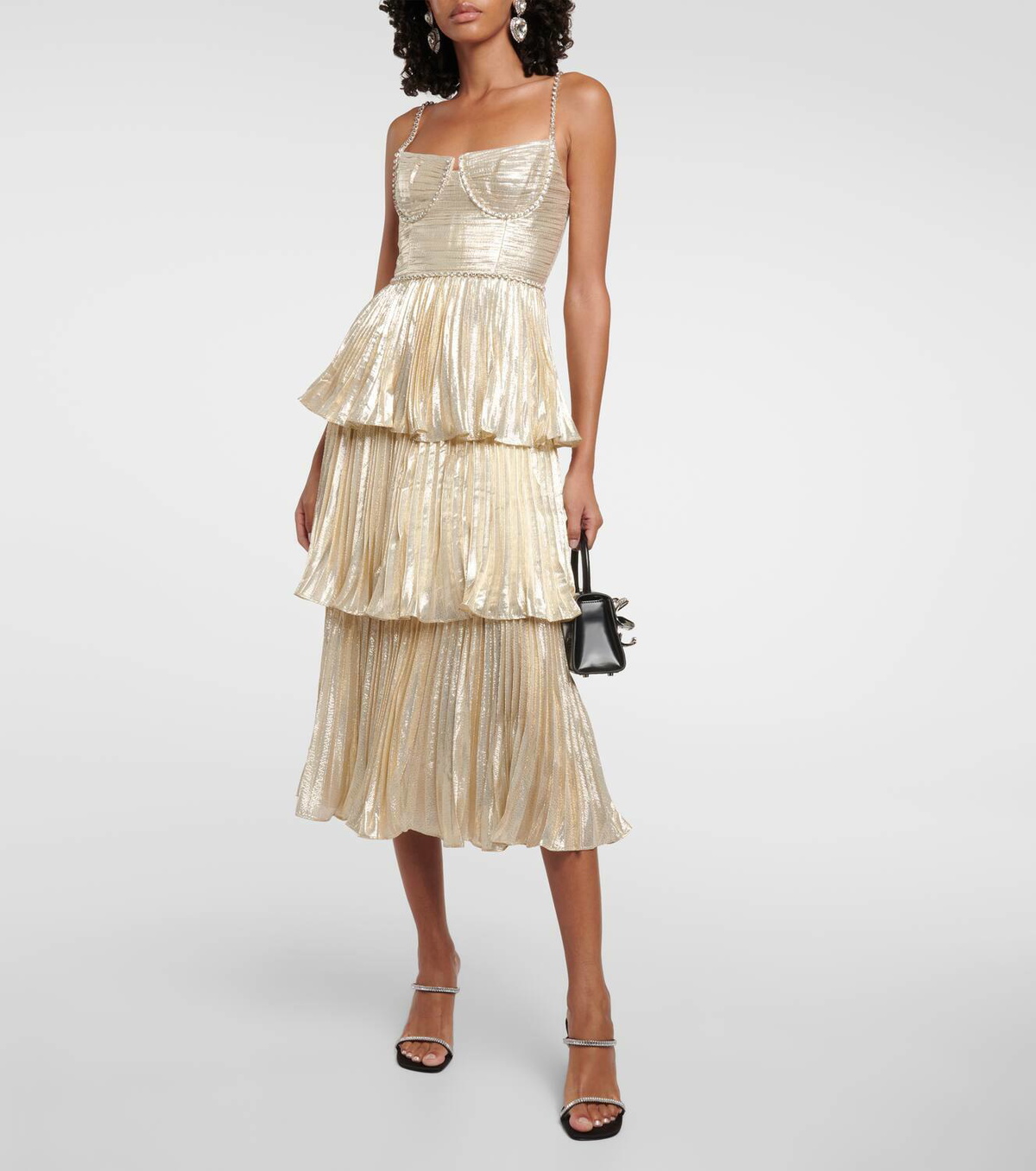 knee length dresses for ladies Self-Portrait Metallic Tiered Midi Dress Pink main image 1