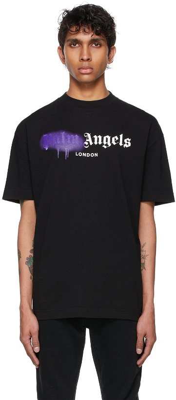 Photo: Palm Angels Black & Purple Sprayed Logo 'London' T-Shirt