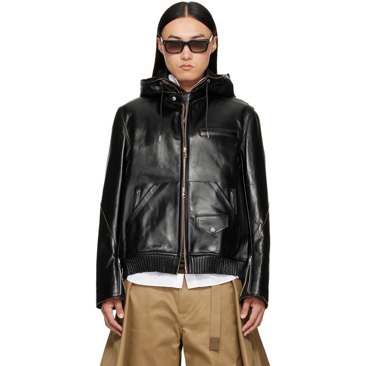 sacai Black Blouson Leather Jacket Sacai