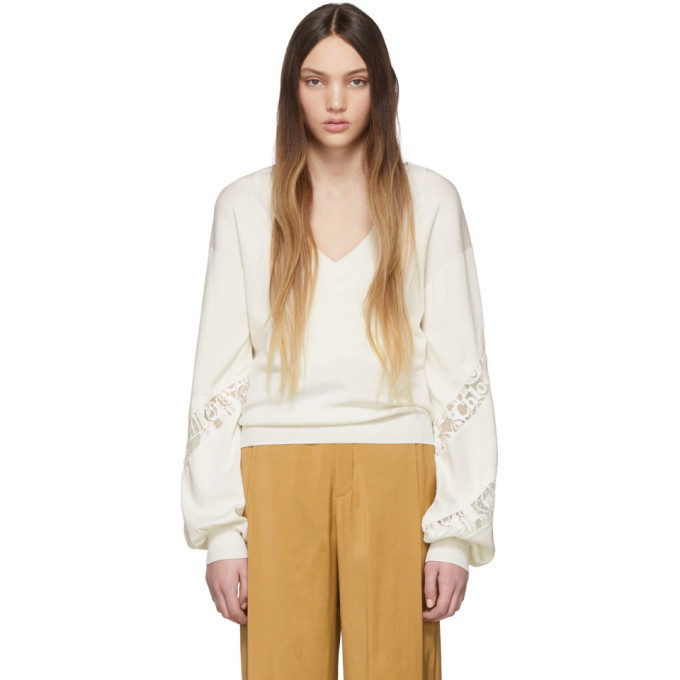 Photo: Chloe Off-White Lace-Trimmed V-Neck Sweater