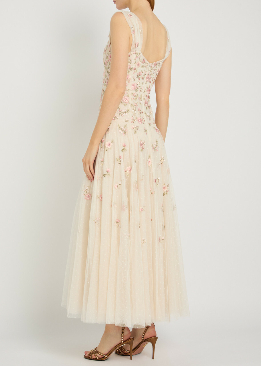 Needle & Thread Mayflower Ditsy Floral-embroidered Tulle Gown Cream