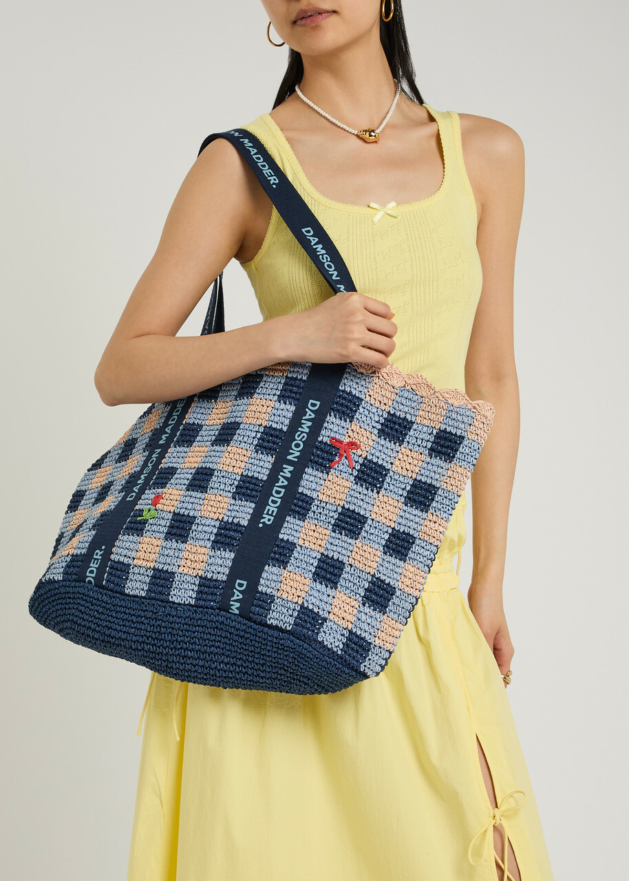 Damson Madder Checked Raffia Tote bag - Navy - One Size