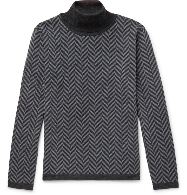 Photo: Barena - Herringbone Virgin Wool Rollneck Sweater - Gray