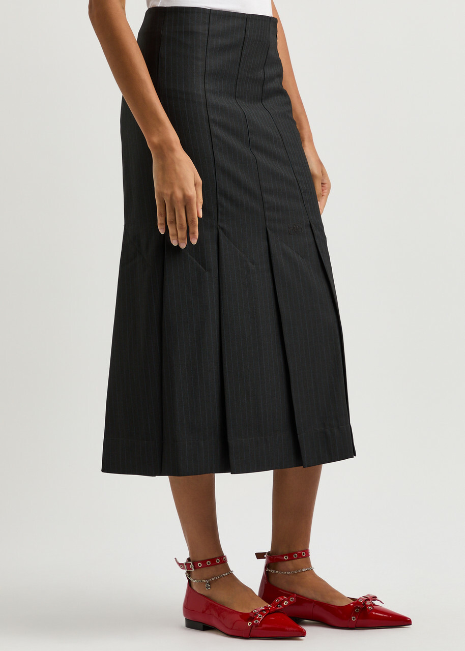 Ganni Pinstripe Pleated Woven Midi Skirt Dark Grey GANNI