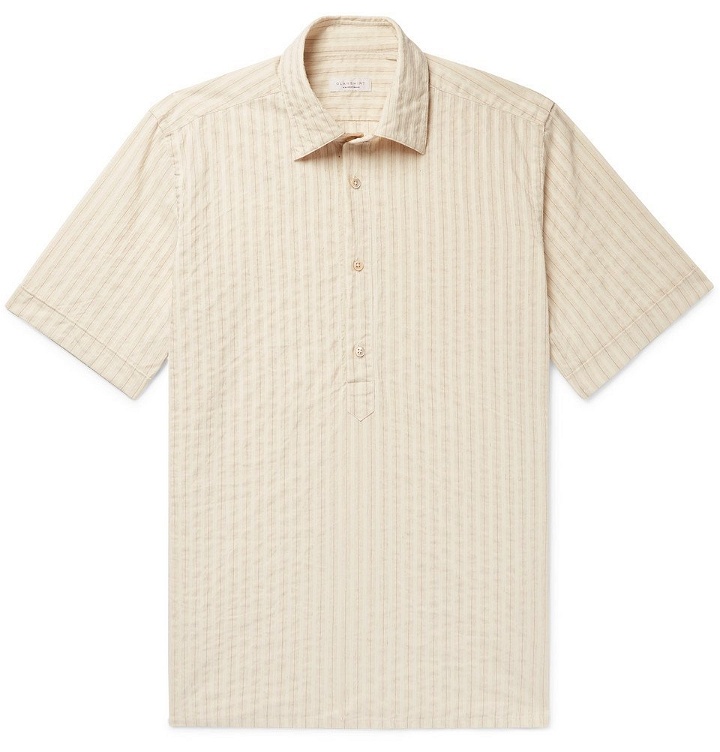 Photo: Incotex - Striped Cotton and Linen-Blend Half-Placket Shirt - Beige